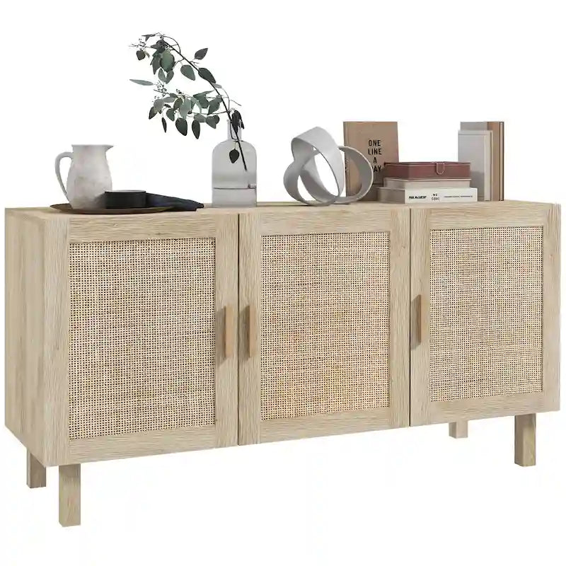 Sideboard-Buffetschrank, Küchenschrank, Kaffeebarschrank mit 3 Rattantüren und verstellbaren Einlegeböden, naturfarben gemischt