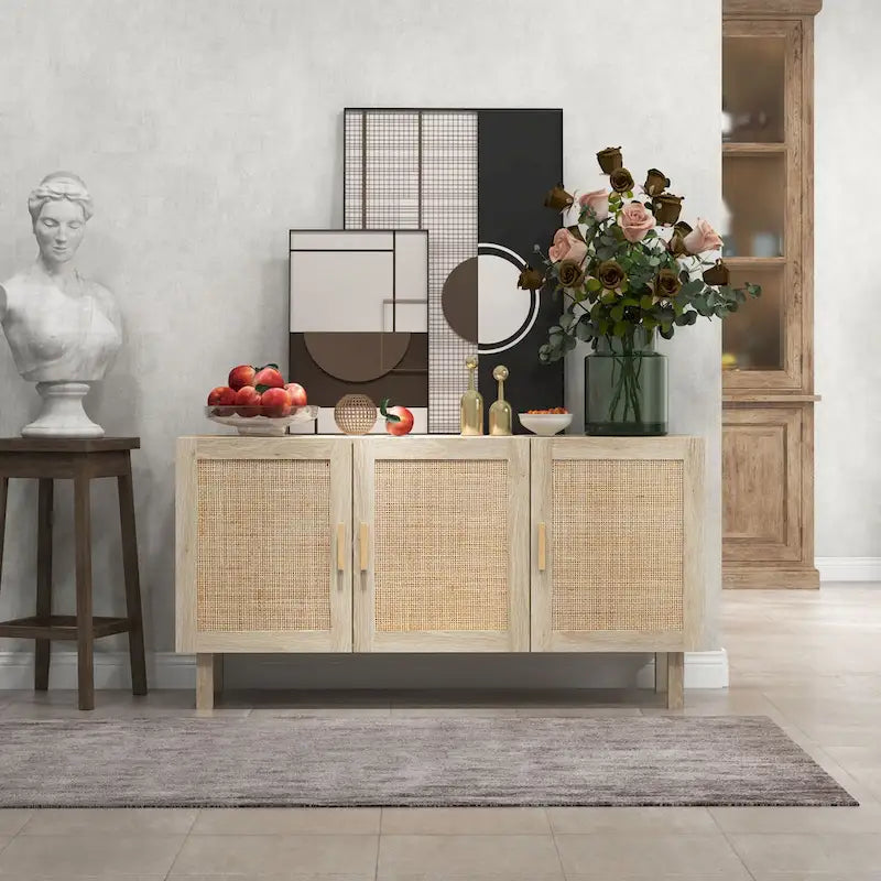 Sideboard-Buffetschrank, Küchenschrank, Kaffeebarschrank mit 3 Rattantüren und verstellbaren Einlegeböden, naturfarben gemischt