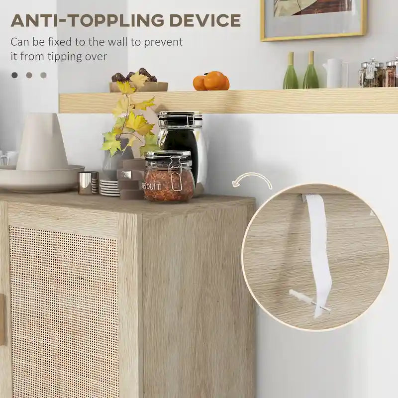 Sideboard-Buffetschrank, Küchenschrank, Kaffeebarschrank mit 3 Rattantüren und verstellbaren Einlegeböden, naturfarben gemischt