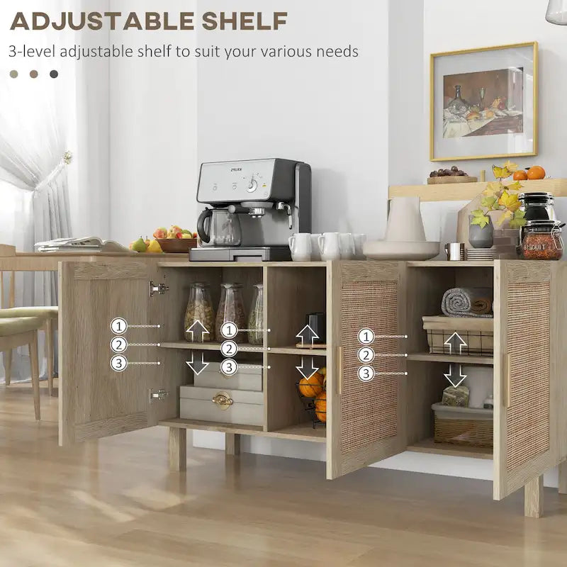 Sideboard-Buffetschrank, Küchenschrank, Kaffeebarschrank mit 3 Rattantüren und verstellbaren Einlegeböden, naturfarben gemischt