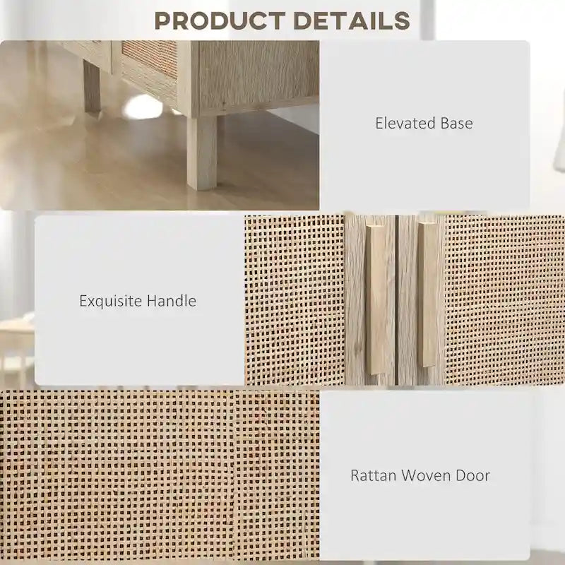 Sideboard-Buffetschrank, Küchenschrank, Kaffeebarschrank mit 3 Rattantüren und verstellbaren Einlegeböden, naturfarben gemischt