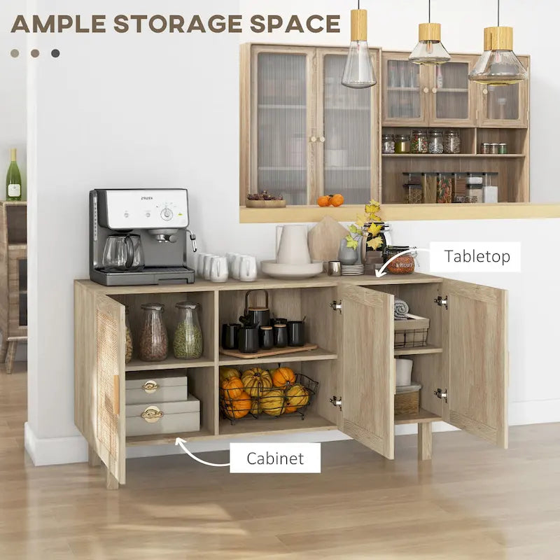 Sideboard-Buffetschrank, Küchenschrank, Kaffeebarschrank mit 3 Rattantüren und verstellbaren Einlegeböden, naturfarben gemischt