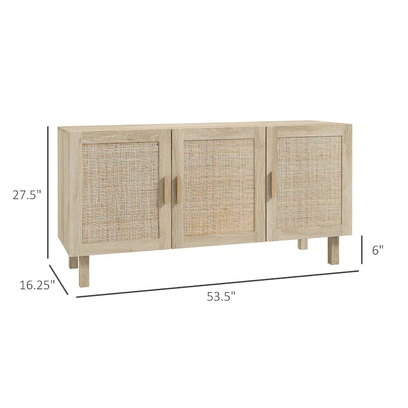 Sideboard-Buffetschrank, Küchenschrank, Kaffeebarschrank mit 3 Rattantüren und verstellbaren Einlegeböden, naturfarben gemischt