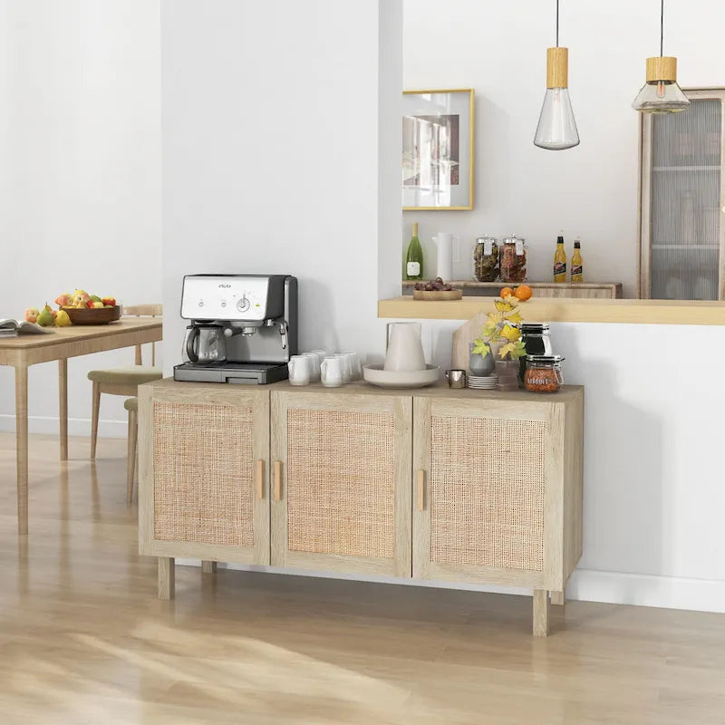 Sideboard-Buffetschrank, Küchenschrank, Kaffeebarschrank mit 3 Rattantüren und verstellbaren Einlegeböden, naturfarben gemischt