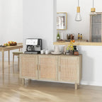 Sideboard-Buffetschrank, Küchenschrank, Kaffeebarschrank mit 3 Rattantüren und verstellbaren Einlegeböden, naturfarben gemischt