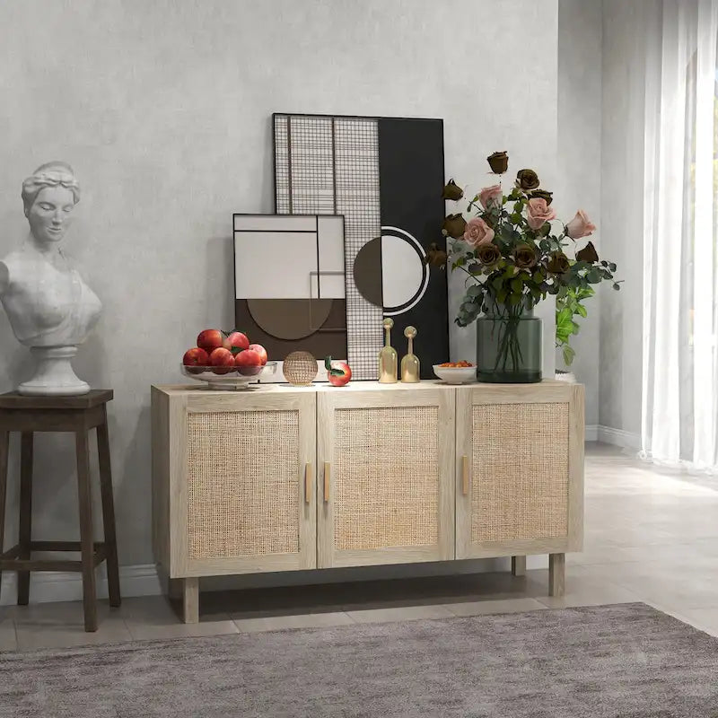 Sideboard-Buffetschrank, Küchenschrank, Kaffeebarschrank mit 3 Rattantüren und verstellbaren Einlegeböden, naturfarben gemischt