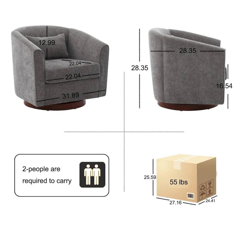 Grey Upholstered 360 Swivel Accent Chair with Wood Base