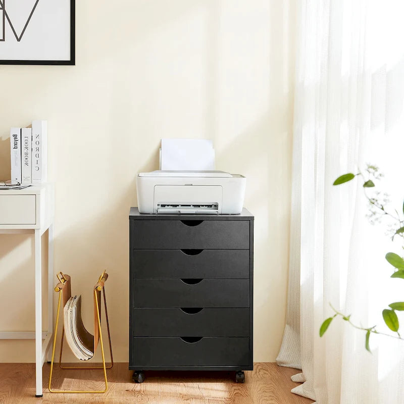 Mobiele dossierkast met 5 laden, verticale houten opbergkast met 4 wielen, rollende organizer onder het bureau