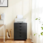 Mobiele dossierkast met 5 laden, verticale houten opbergkast met 4 wielen, rollende organizer onder het bureau