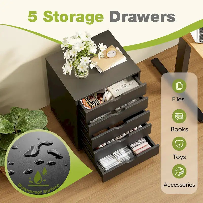 Mobiele dossierkast met 5 laden, verticale houten opbergkast met 4 wielen, rollende organizer onder het bureau