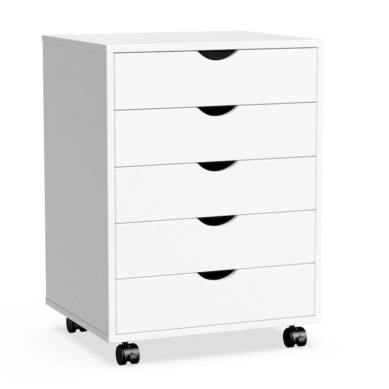 Mobiele dossierkast met 5 laden, verticale houten opbergkast met 4 wielen, rollende organizer onder het bureau