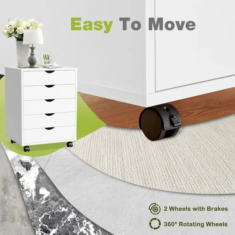 Mobiele dossierkast met 5 laden, verticale houten opbergkast met 4 wielen, rollende organizer onder het bureau