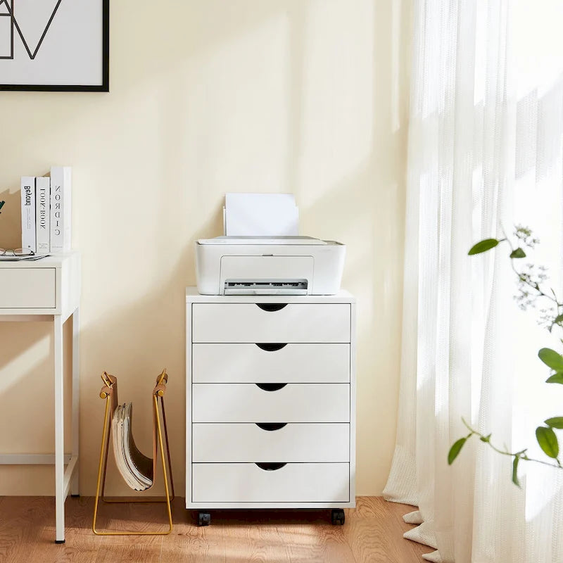 Mobiele dossierkast met 5 laden, verticale houten opbergkast met 4 wielen, rollende organizer onder het bureau