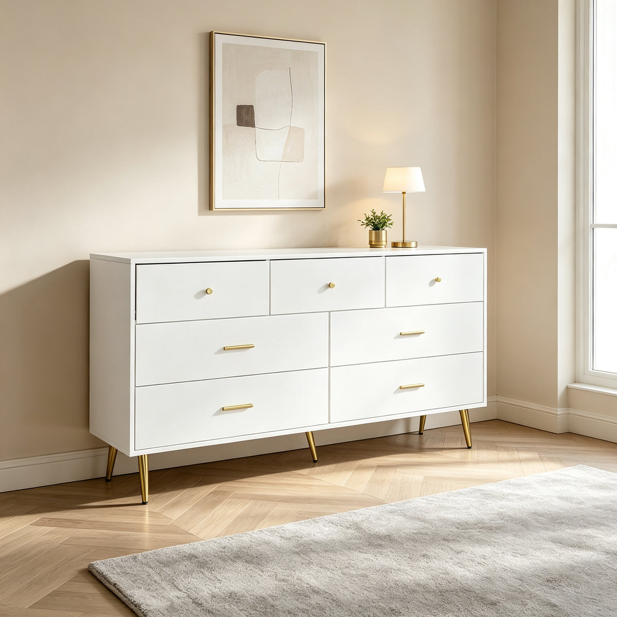 Seven-Drawer Large Chest of Drawers Cabinet with Golden Handles and Legs