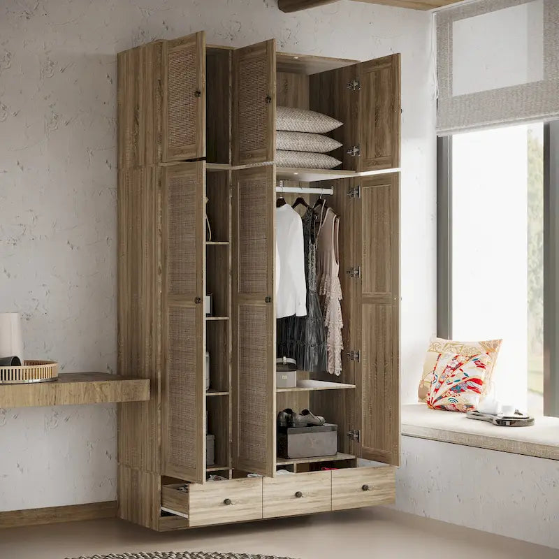 Natural Charm Wooden Armoire - Breathable Rattan Design Ample Storage