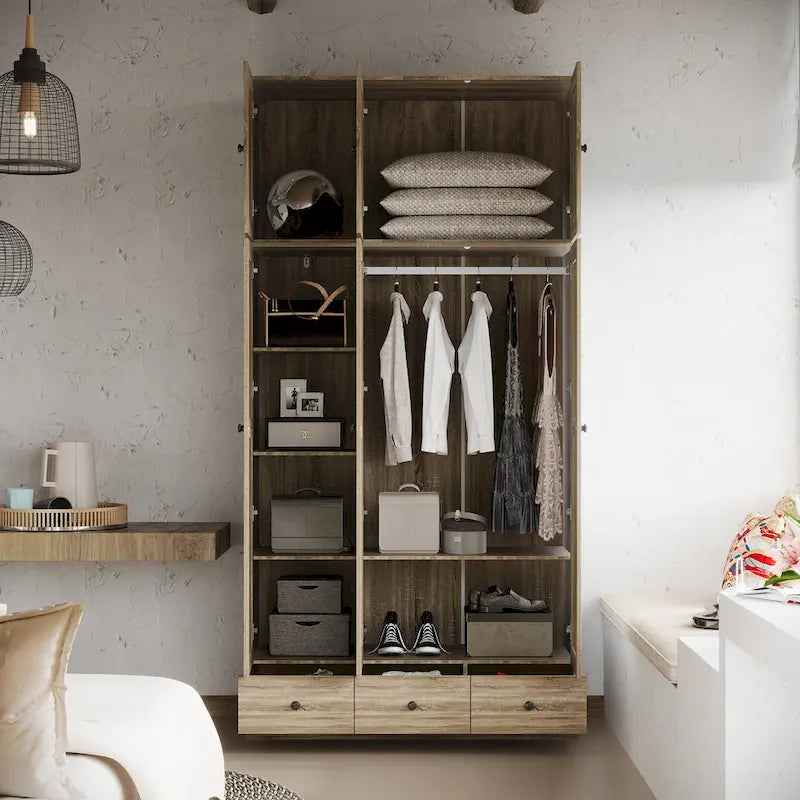 Natural Charm Wooden Armoire - Breathable Rattan Design Ample Storage