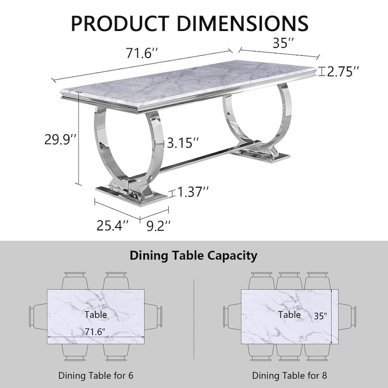 Luxury Dining Table with Polished Metal Circle Base - 72 Inch