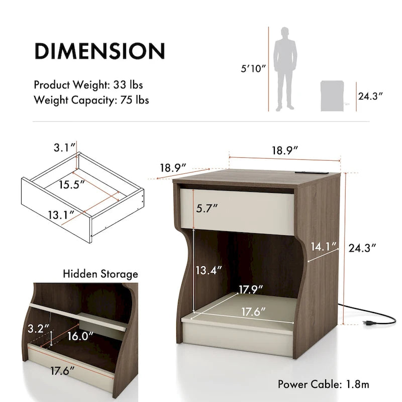 Modern Chestnut Brown 1-Drawer Nightstand with Charging Station and Hidden Storage by