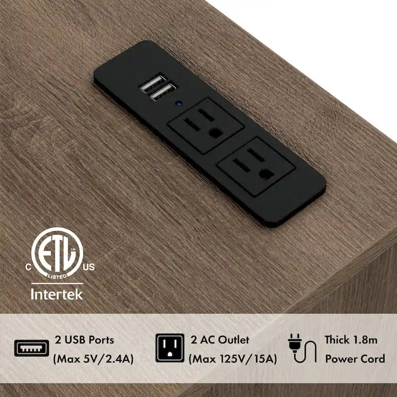 Modern Chestnut Brown 1-Drawer Nightstand with Charging Station and Hidden Storage by