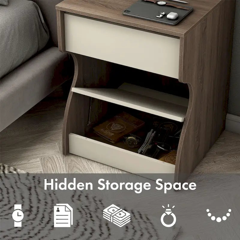 Modern Chestnut Brown 1-Drawer Nightstand with Charging Station and Hidden Storage by