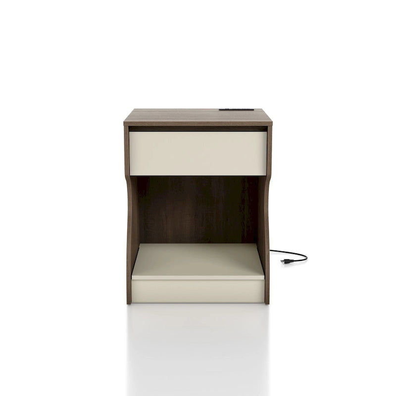 Modern Chestnut Brown 1-Drawer Nightstand with Charging Station and Hidden Storage by