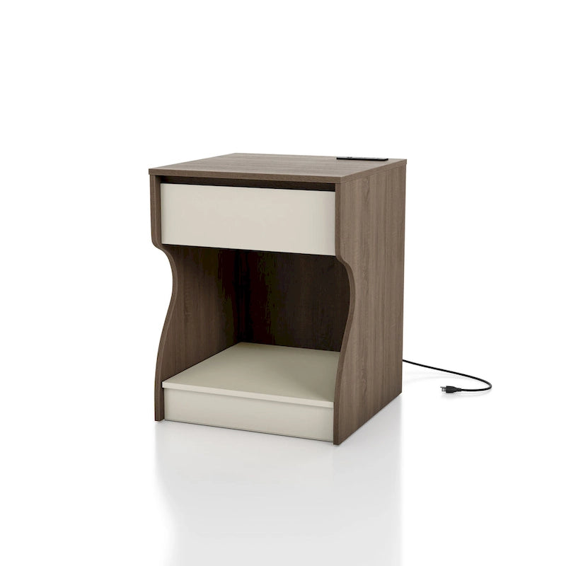 Modern Chestnut Brown 1-Drawer Nightstand with Charging Station and Hidden Storage by