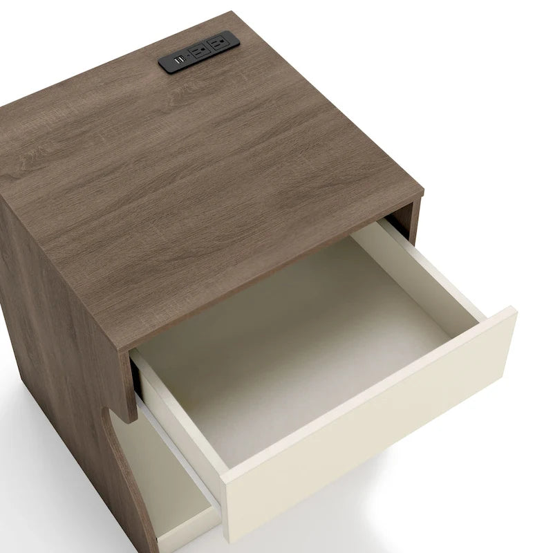 Modern Chestnut Brown 1-Drawer Nightstand with Charging Station and Hidden Storage by