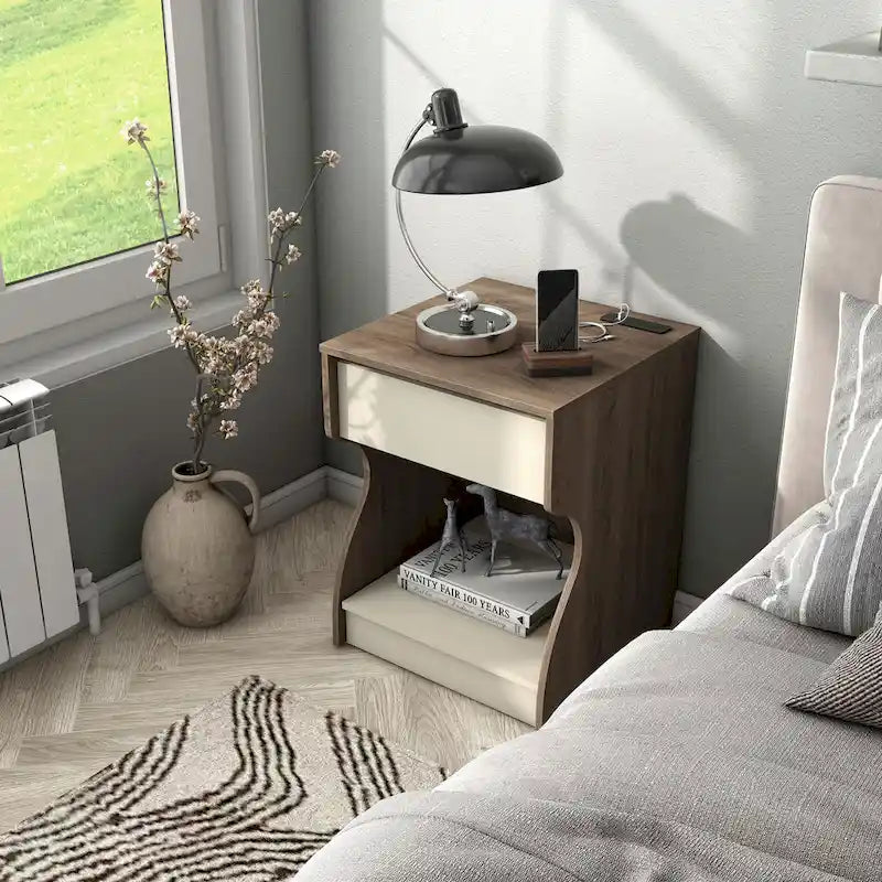 Modern Chestnut Brown 1-Drawer Nightstand with Charging Station and Hidden Storage by
