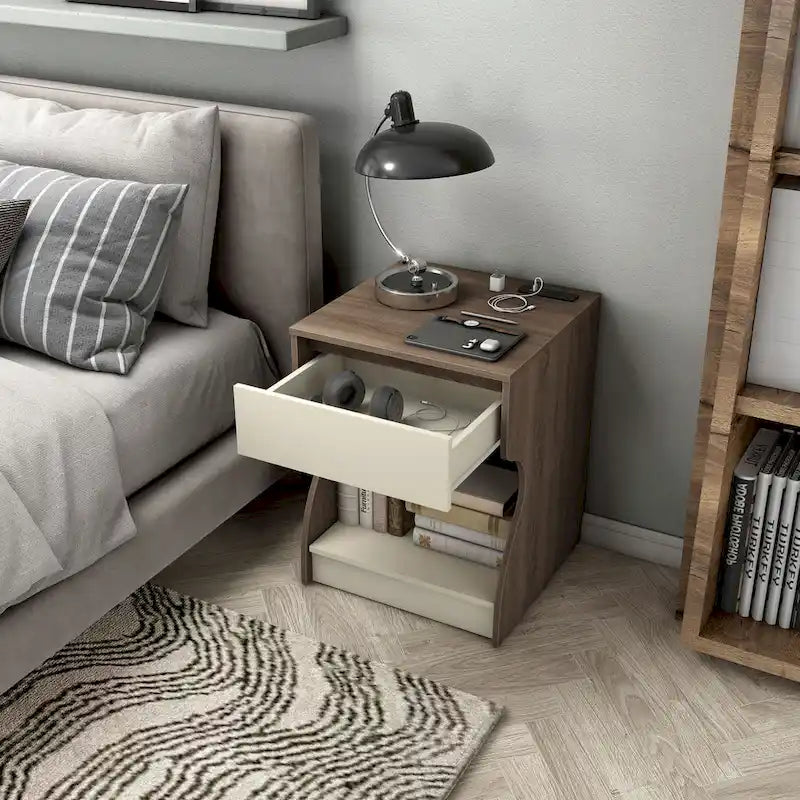 Modern Chestnut Brown 1-Drawer Nightstand with Charging Station and Hidden Storage by