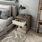 Modern Chestnut Brown 1-Drawer Nightstand with Charging Station and Hidden Storage by