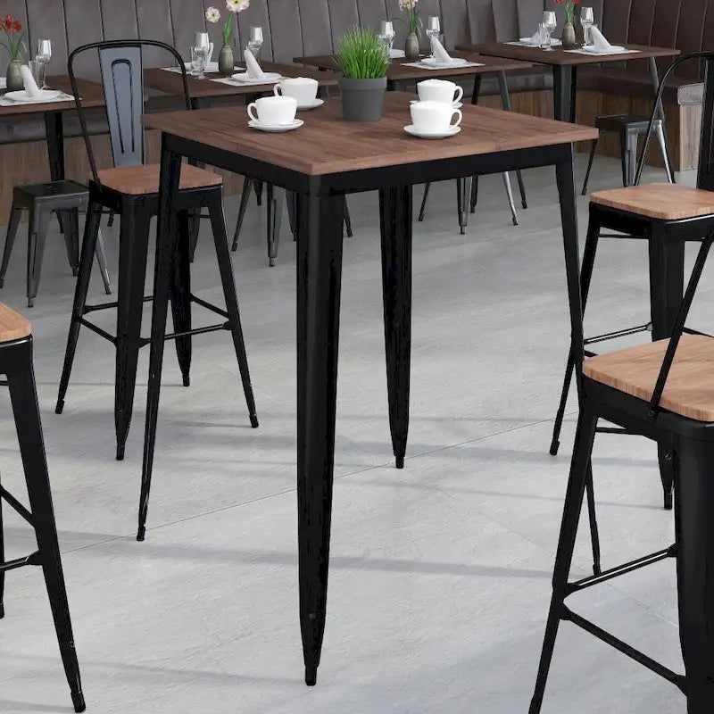Square Metal Indoor Bar Height Table with Rustic Wood Top - 31.5W x 31.5D x 42H - 31.5W x 31.5D x 42H