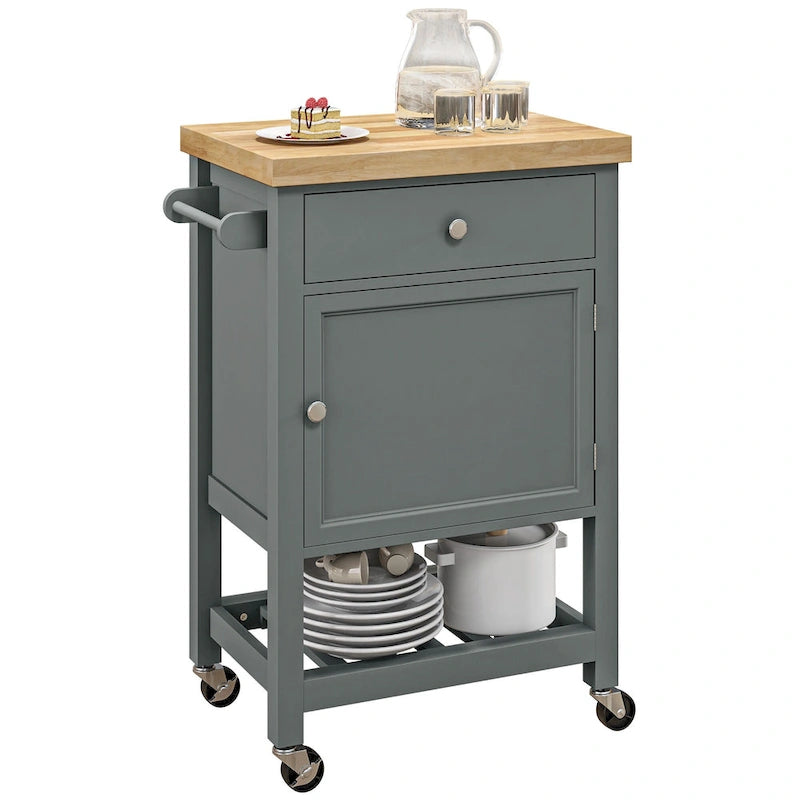 Utility Kitchen Cart, Rolling Kitchen Island with Smooth Rubberwood Top, Narrow Butcher Block Surface on Wheels