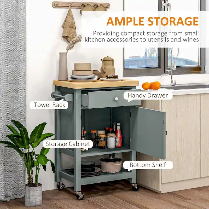 Desserte de cuisine polyvalente, îlot de cuisine roulant avec plateau lisse en hévéa, surface étroite en bois de bout sur roulettes