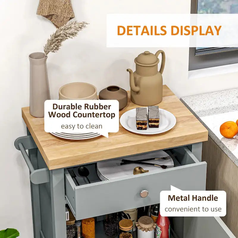 Desserte de cuisine polyvalente, îlot de cuisine roulant avec plateau lisse en hévéa, surface étroite en bois de bout sur roulettes