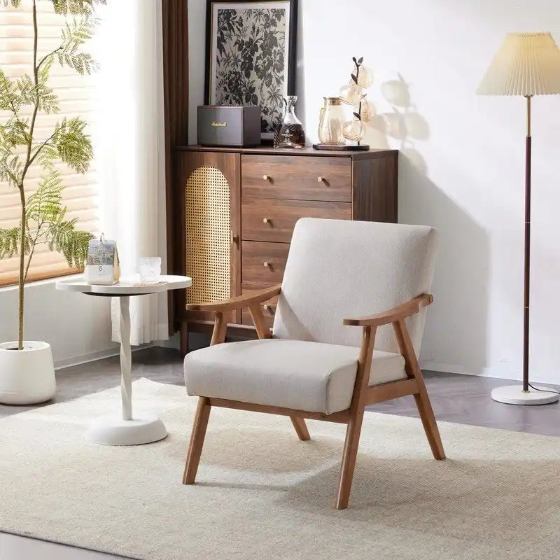 Mid-Century Retro Modern Upholstered Lounge Chair Fabric Accent Chair Sturdy Wooden Frame Armchair