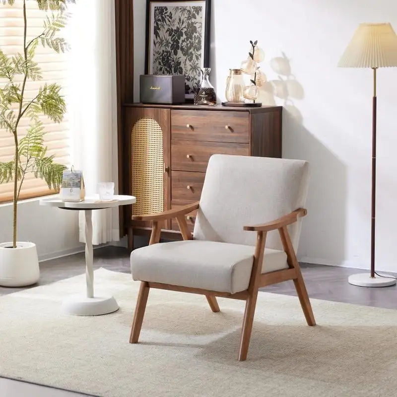 Mid-Century Retro Modern Upholstered Lounge Chair Fabric Accent Chair Sturdy Wooden Frame Armchair
