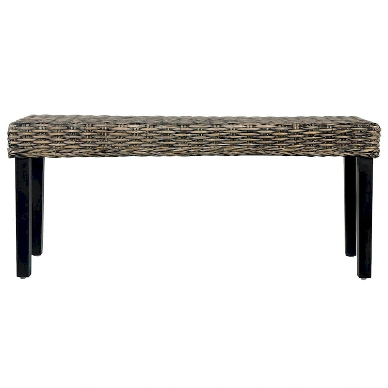 Bench Black Natural Kubu Rattan and Solid Mango Wood