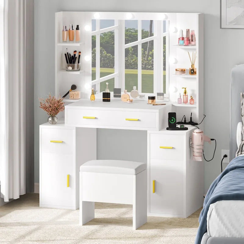 Vanity with Built-In Outlets and Lighted Mirror - 55.1 H X 43.3 L X 15.74 W