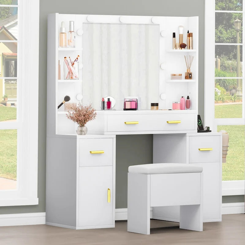 Vanity with Built-In Outlets and Lighted Mirror - 55.1 H X 43.3 L X 15.74 W