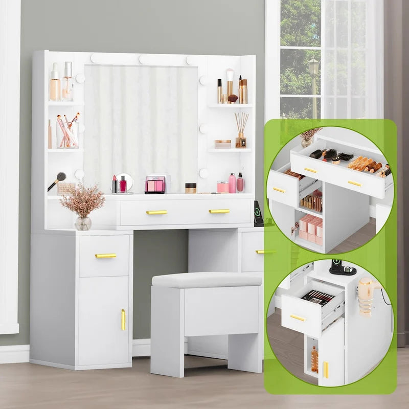 Vanity with Built-In Outlets and Lighted Mirror - 55.1 H X 43.3 L X 15.74 W