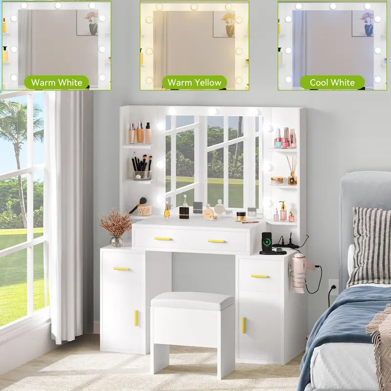 Vanity with Built-In Outlets and Lighted Mirror - 55.1 H X 43.3 L X 15.74 W