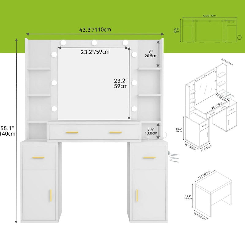 Vanity with Built-In Outlets and Lighted Mirror - 55.1 H X 43.3 L X 15.74 W