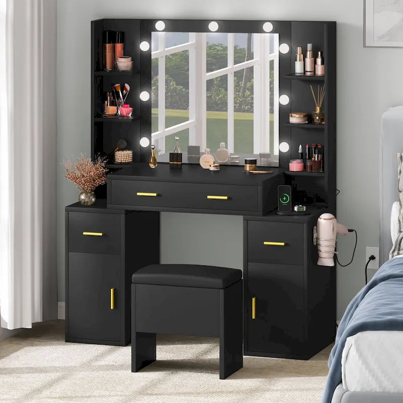 Vanity with Built-In Outlets and Lighted Mirror - 55.1 H X 43.3 L X 15.74 W