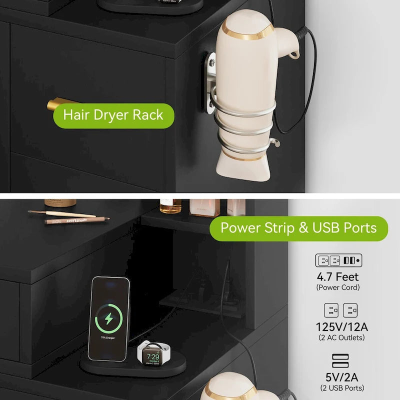 Vanity with Built-In Outlets and Lighted Mirror - 55.1 H X 43.3 L X 15.74 W