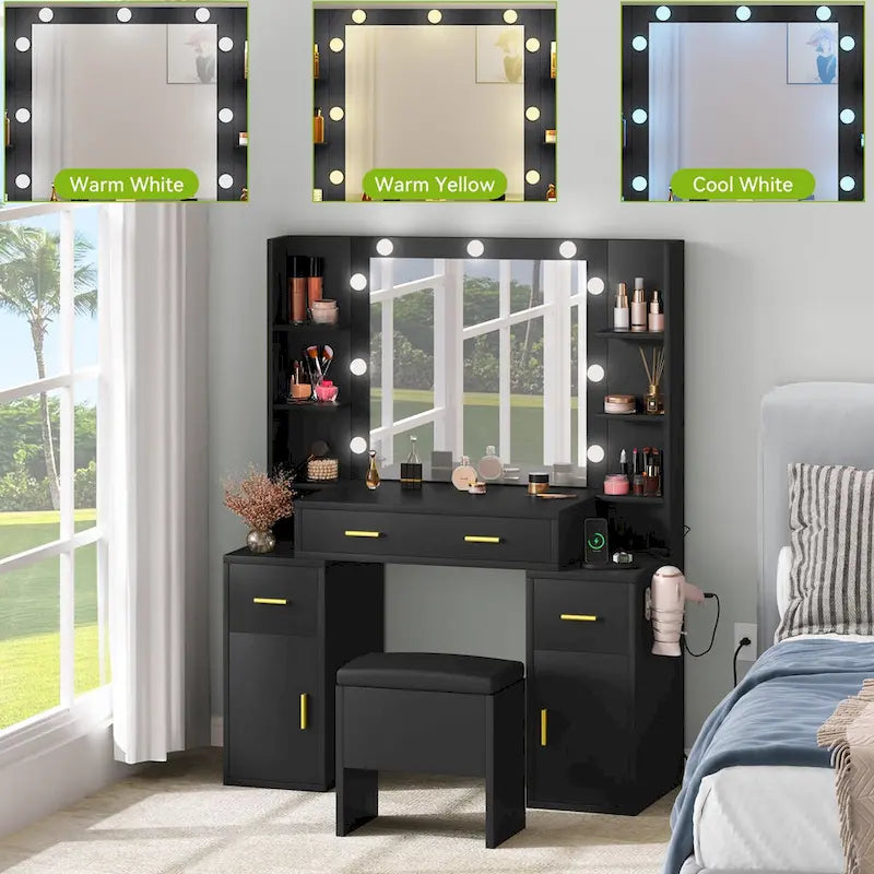 Vanity with Built-In Outlets and Lighted Mirror - 55.1 H X 43.3 L X 15.74 W
