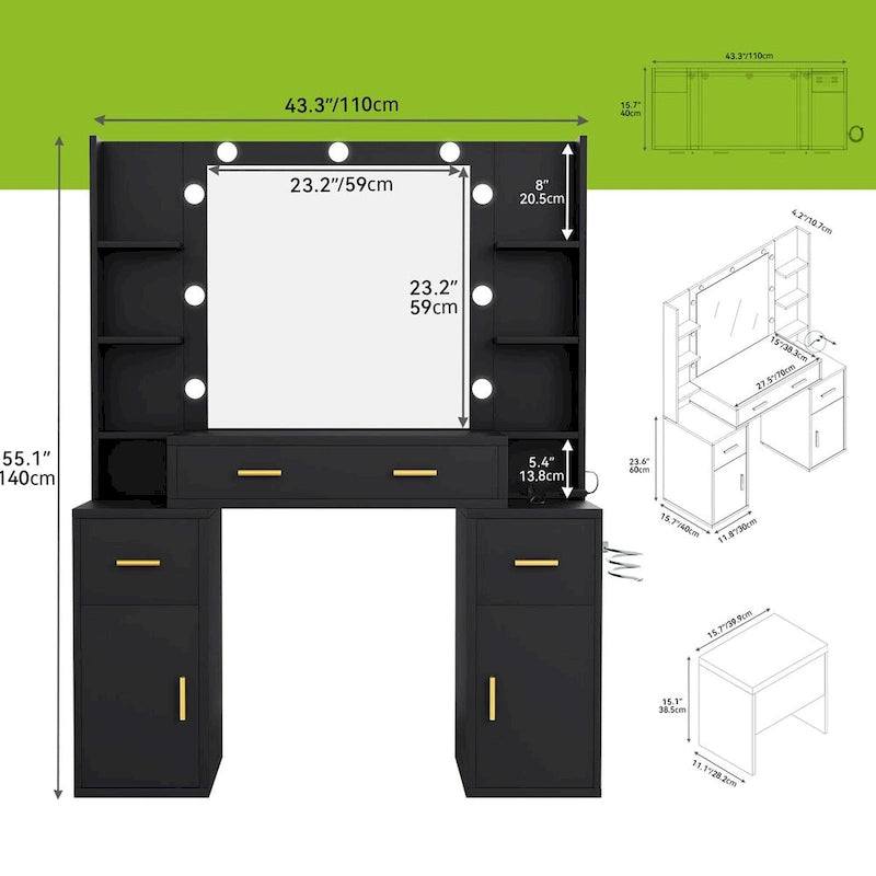 Vanity with Built-In Outlets and Lighted Mirror - 55.1 H X 43.3 L X 15.74 W