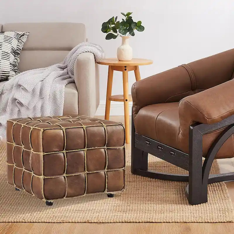 Top Grain Leather Square Pouf Ottoman