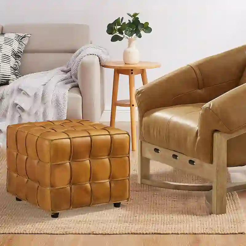 Quadratischer Ottoman-Pouf aus Vollnarbenleder