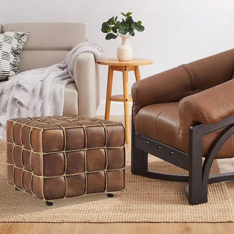 Quadratischer Ottoman-Pouf aus Vollnarbenleder