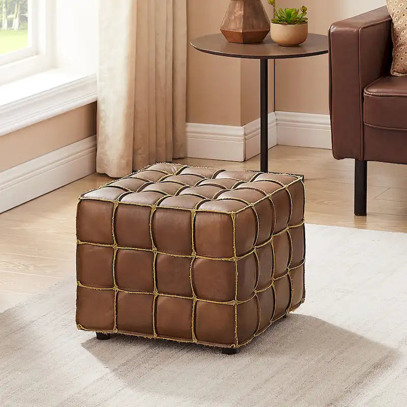 Quadratischer Ottoman-Pouf aus Vollnarbenleder